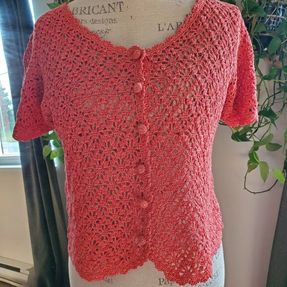 APRIL CORNELL | Salmon Pink Short Sleeve Crochet Buttoned Cardigan (Size XS/S) - Picture 2 of 5